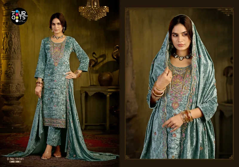 Zara By Fourdots Semi Makhamal Beads Work Designer Salwar Suits